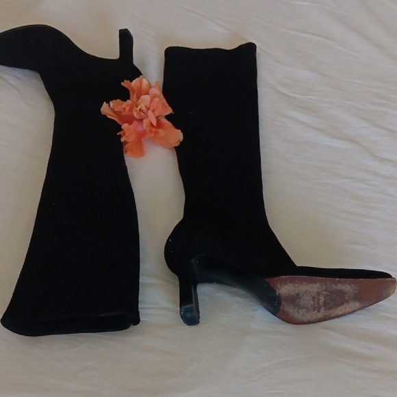 Stuart Weitzman Black Heeled Boots.Black Stretch Suade. - Picture 3 of 12